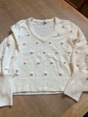 Madewell Ivory Pom-Pom V-Neck Sweater